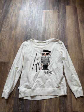 Karl Lagerfeld Paris Graphic Sweatshirt Cream Pullover XS Artist Graphic